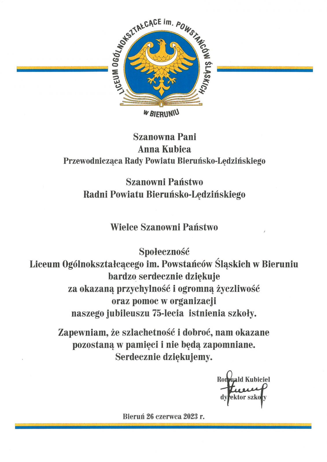 List z podziękwaniem skierowany do Przewodniczącej Rady Powiatu wraz z Radnymi Powiatwymi